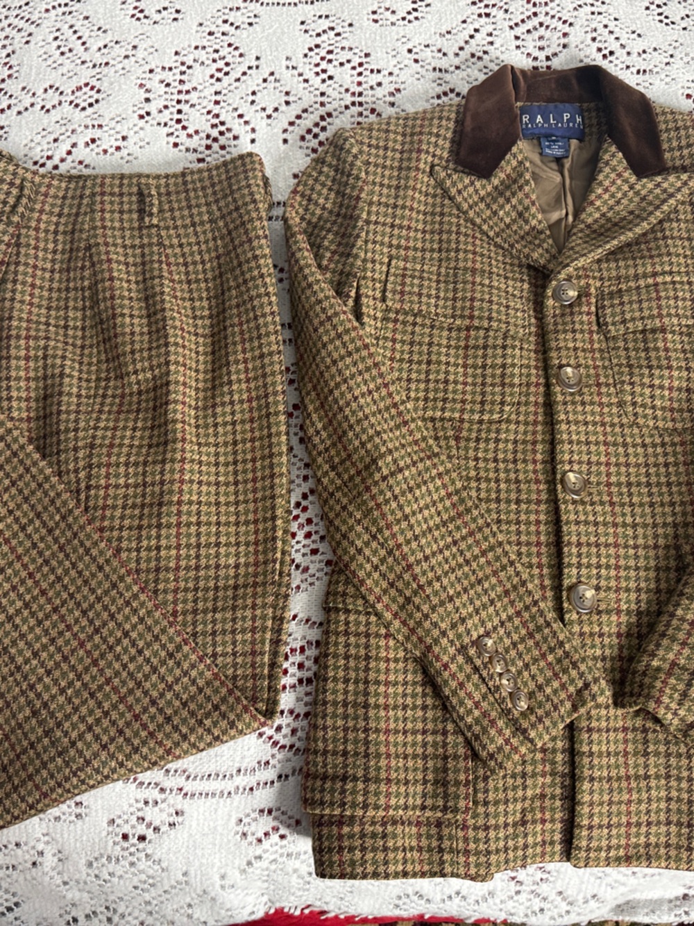 Ralph Lauren Brown Houndstooth Wool Pantsuit with Dark Brown Corduroy Collar 2 - Picture 2 of 9